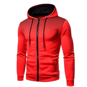Detail view of the red and black gradient dot print on a men's hooded zip-up sweatshirt