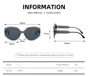 Tableau des tailles de lunettes de soleil montrant une largeur de 149mm et un poids 34g
