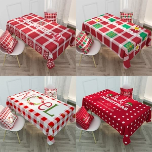 Christmas Tablecloth Waterproof Polyester Linen Nordic Red Plaid Reindeer Reusable Table Cover For Holiday Dining Decor