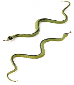 Detailed view of realistic green toy snake models with black stripes and red tongues