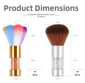 Size chart for nail dust brushes showing precise dimensions for BS-02 and BS-03 models