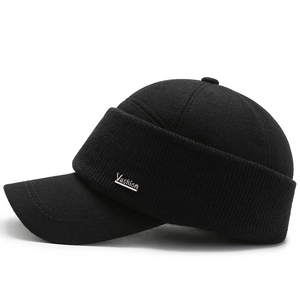 Winter thermal ear protection wool cap for elderly men with metal Vashion accent