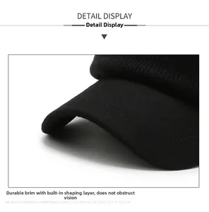 Close-up of winter men's hat brim with reinforced inner layer and premium knit texture