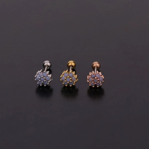 Three flower-shaped stainless steel zircon stud earrings in silver gold and rose gold