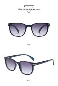 Détail de lunettes de soleil carrées polarisées avec monture bleue et verres dégradés violets
