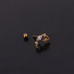 Elegant gold butterfly star stud earrings with sparkling zircons on a dark background