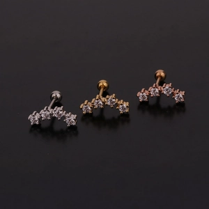 Three curved zircon butterfly stud earrings in silver, gold, and rose gold finishes