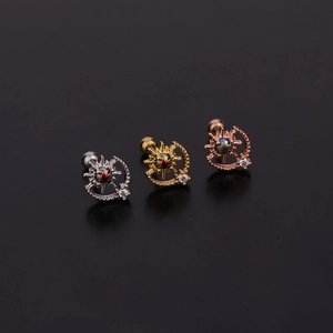 Lot de trois boucles d'oreilles soleil et lune en acier argenté doré et rose doré