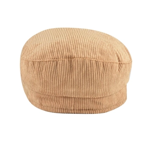 Detailed close-up showing the vertical ribbed corduroy texture and stitching of the beige hat