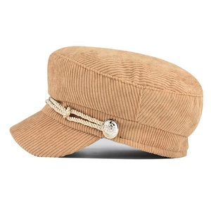 Retro khaki corduroy baker boy hat for women with braided rope and metal button detail