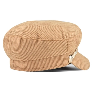 Classic camel corduroy newsboy cap with vintage braided rope and embossed gold buttons
