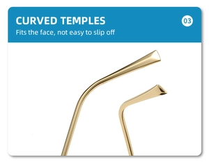 Détail des branches courbées en métal doré sur lunettes sans monture pour un maintien sûr