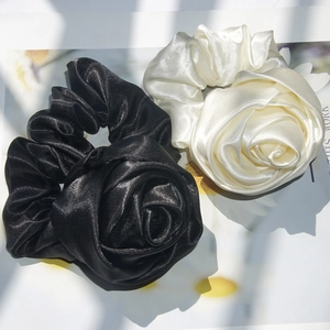 Elegant Satin Rose Flower Scrunchie Hair Tie Elastic Ponytail Holder French Vintage Style For Women And Girls
