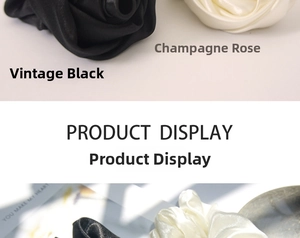 Detailed close-up of champagne rose and vintage black satin scrunchies for hair