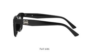Side view detail of square sunglasses featuring a polished silver metal BB logo on the temple