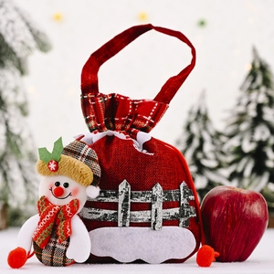 Red linen Christmas gift bag with a cute snowman doll and drawstring handle decoration