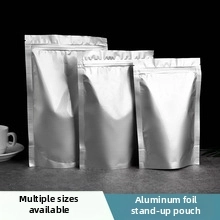 Three sizes of silver aluminum foil stand-up zip-lock bags for food storage and packaging