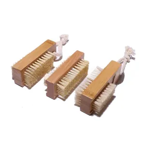 Three-piece wooden nail brush set with double-sided bristles and white cotton hanging cords