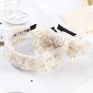 Serre-tête élégant style coréen avec nœud en dentelle, perles et broderie florale