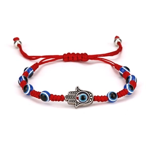 Adjustable red braided Evil Eye and Hamsa Hand charm bracelet with blue beads