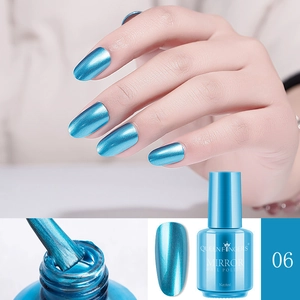 Mirror nail polish in light blue shade 06 with high-gloss metallic finish and brush