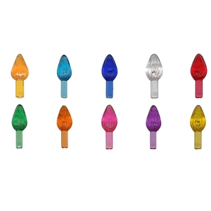 Macro shot of 10 colorful plastic replacement bulbs for ceramic Christmas trees on white