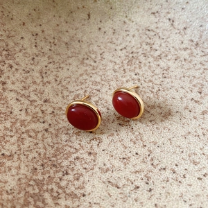 Minimalist 925 sterling silver oval red agate stud earrings with gold plating