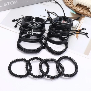 Retro black leather braided bracelet set with beads and metal charms for men