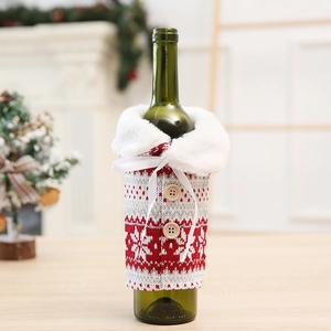Knitted Christmas snowflake wine bottle cover with faux fur collar and wood buttons