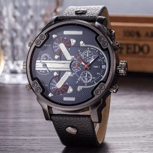 Detailed close-up of industrial multi-dial watch face with Only The Brave metal plaque