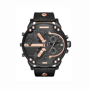 Detail of multi-timezone men's watch with rose gold indices and black leather rivet strap