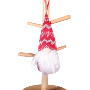 Red faceless gnome Christmas tree ornament with knitted hat and white beard on hanger
