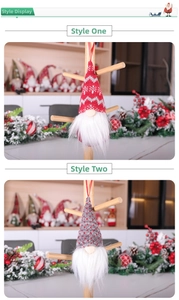 Detail of red and grey knitted gnome ornaments with long white beards for Christmas tree decor