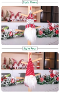 Detail of red Christmas gnome ornaments with snowflake and polka dot patterns