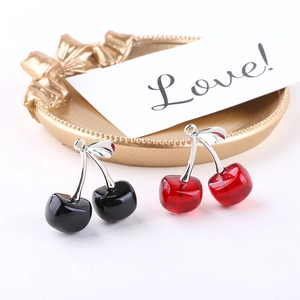 3D cherry jewelry pendants in red and black acrylic with silver leaves for DIY crafting