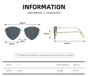Tableau des tailles détaillé pour lunettes de soleil triangle en métal avec dimensions et poids