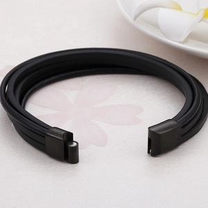 Multilayer black woven leather bracelet with matte black magnetic steel clasp for men