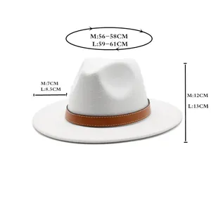 Size guide for white wool fedora hat showing crown height and brim measurements