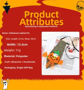 Detailed dimensions of Halloween LED sequin tie featuring pumpkin motif and 21cm length