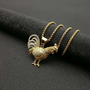 Hip-hop gold plated titanium rooster pendant necklace with clear cubic zirconia accents