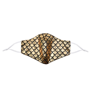 Detail of laser reflective fish scale pattern on gold face mask with adjustable ear loops