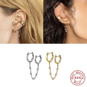 S925 sterling silver hoop earrings with dangling zircon chains in gold and silver