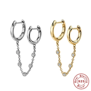 Double Piercing Link Hoop Earrings With 925 Sterling Silver Earring Post And Round Clear Zircon Chain Trendy For Women