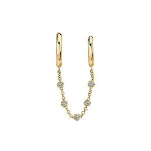 Detail of gold dangle hoop earrings with sparkling cubic zirconia chain link accents