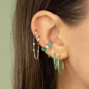 S925 silver gold-plated hoop earrings with green emerald zircons for a stacked look