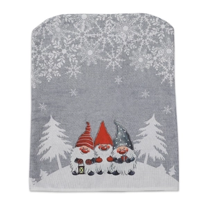 Christmas chair cover in grey fabric featuring gnomes and snowflake prints for decor