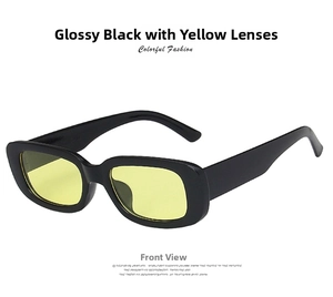 Detailed 45-degree view of retro rectangular sunglasses with glossy black frames and yellow lenses