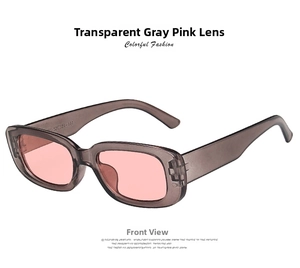 Detail view of transparent grey rectangular sunglasses with pink lenses and size marking