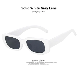 Front view of retro white rectangular sunglasses with grey lenses and wide temples