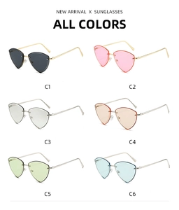 Vue détaillée des lunettes de soleil sans monture en forme de cœur en six coloris divers